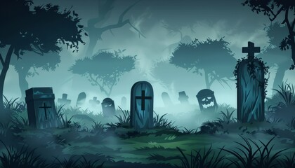 A spooky graveyard scene with tombstones and fog.