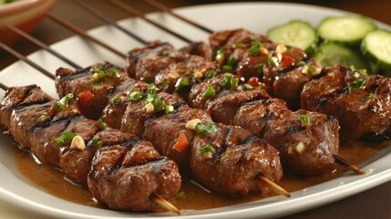 A visually appealing plate of grilled satay skewers with peanut sauce and cucumber relish, showcasing the rich flavors and vibrant colors of Thai street food