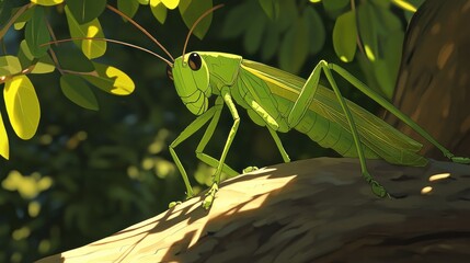 Green grasshopper on branch, sunny forest, nature background, insect illustration