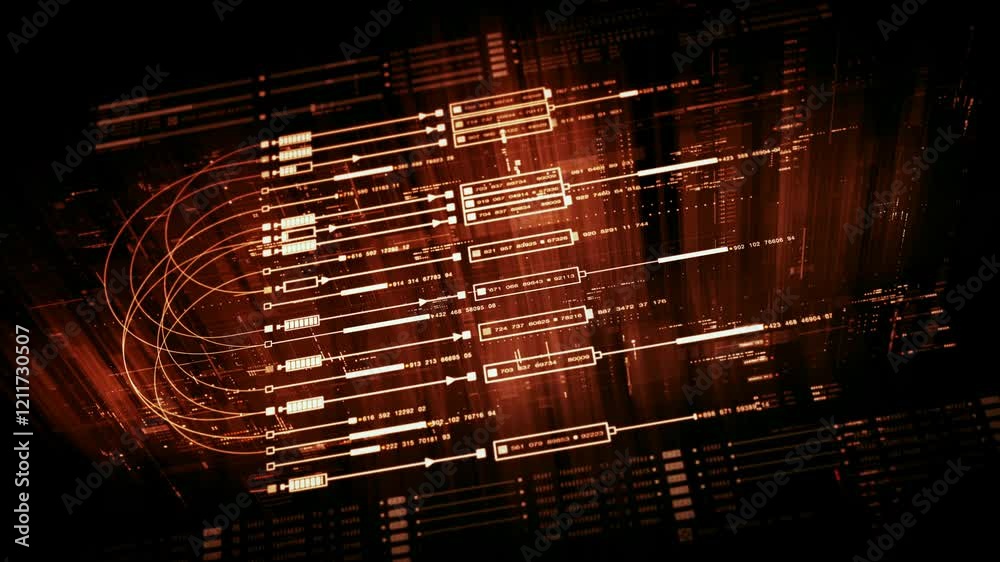 Fototapete Futuristic data matrix simulation featuring metaverse-inspired elements, an information network, and hi-tech digital data telemetry with encrypted numbers. A dynamic background for computer display