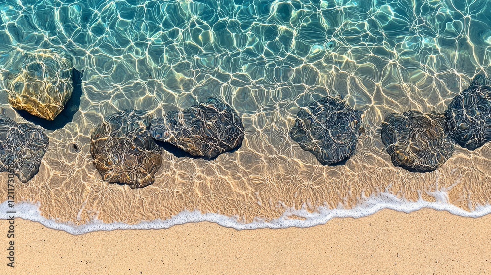 Wall mural Serene Coastal Scene with Clear Water and Rocks on Sandy Beach