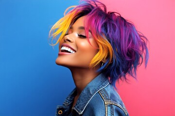 Naklejka premium Commercial ad conceptual art. Lovely happy black girl - for ads, media and web use. Short coiffure - multicolored hair. Fashion concept shoot. Stylish black trends. African american beauty.