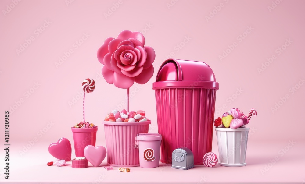 Wall mural Pink and white bins filled with candy, a pink rose and a heart on pink background...Concept: Candy set, sweet treats, pink objects.