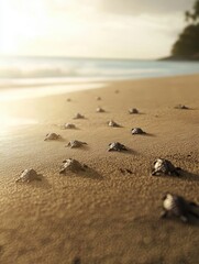 Baby turtles crawling across golden beach sand toward the ocean under a soft sunrise light