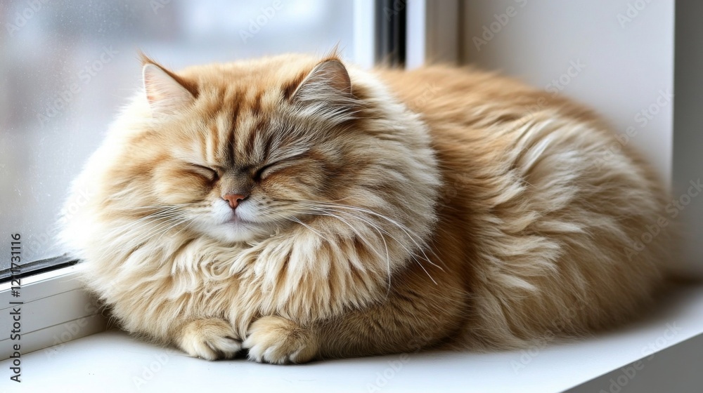 Poster close-up of a fat cat peacefully sleeping on a windowsill, with its fur catching the soft morning li