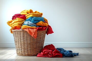 Overflowing Laundry Basket Full of Colorful Clothes Needs Washing