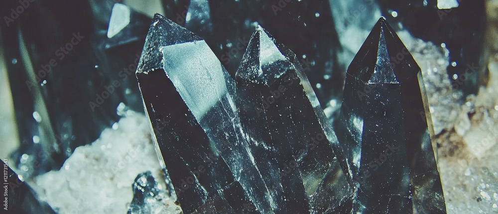 Poster sharp black obsidian crystals display intricate glassy texture in natural setting
