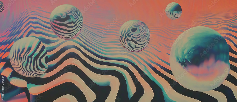 Poster exploration of vibrant op art patterns with dynamic geometric shapes and optical effects