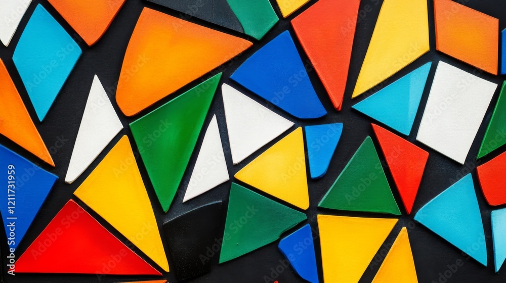 Aufkleber Collection of abstract triangle shapes in bold colors, forming a vibrant, layered pattern with depth and sharp angles on a black background