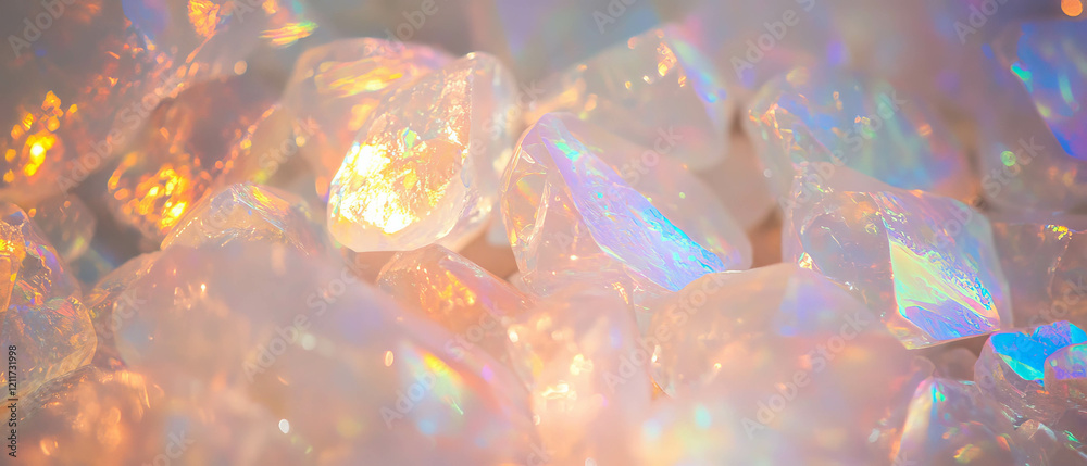 Poster exploration of opal stone's shimmering texture and radiant color play in natural settings
