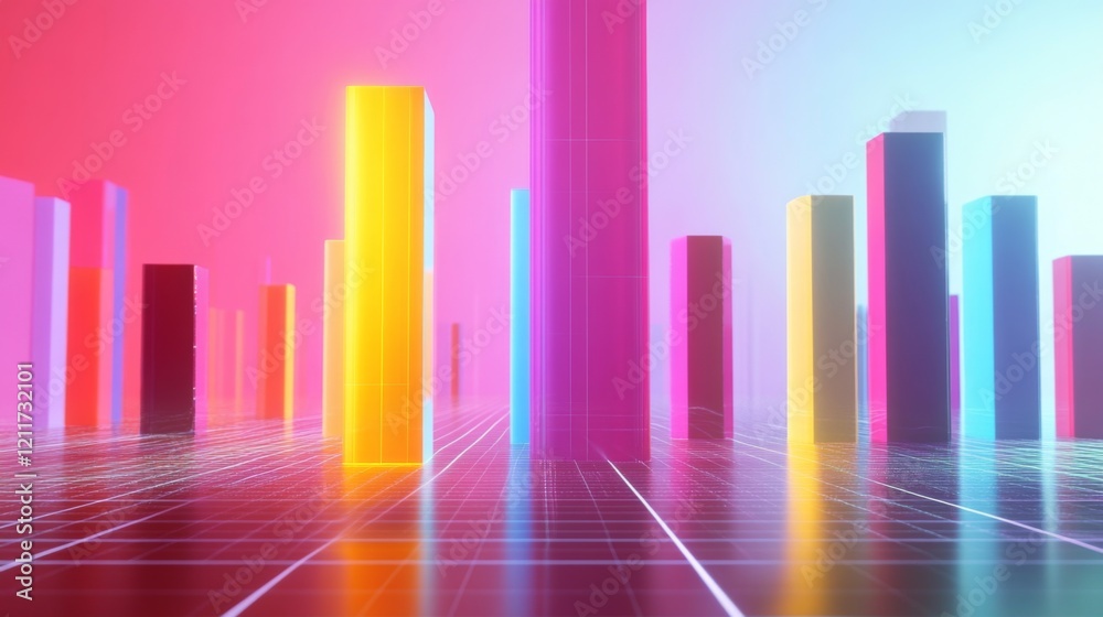 Leinwandbilder Colorful D bars rising from a digital grid floor, with subtle lighting and a gradient background to create a dynamic visual