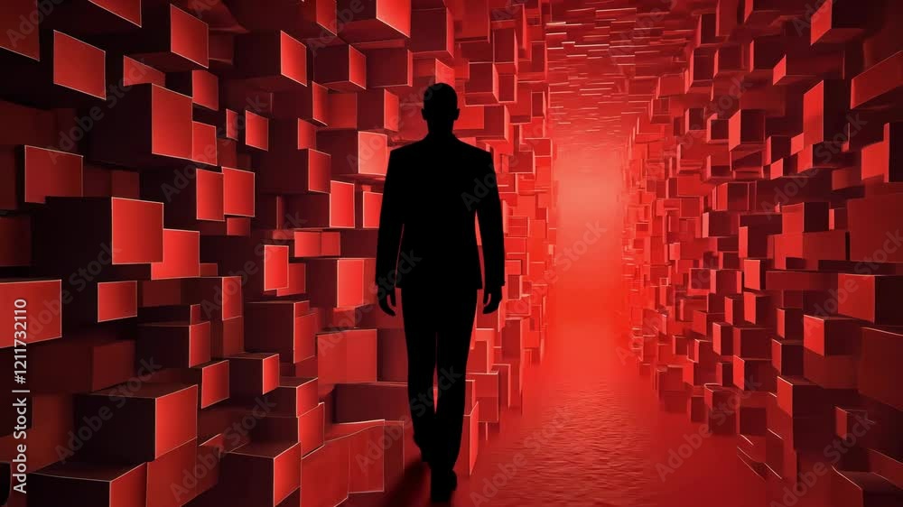 Poster mysterious figure in a red abstract corridor of blocks illuminated by light