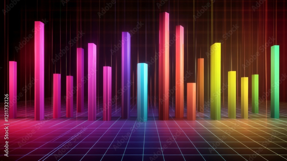 Leinwandbilder Colorful D bars rising from a digital grid floor, with subtle lighting and a gradient background to create a dynamic visual