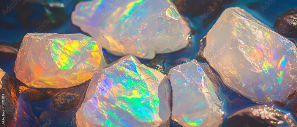 Poster opal stones displaying vibrant iridescent shimmer and unique textures in natural settings