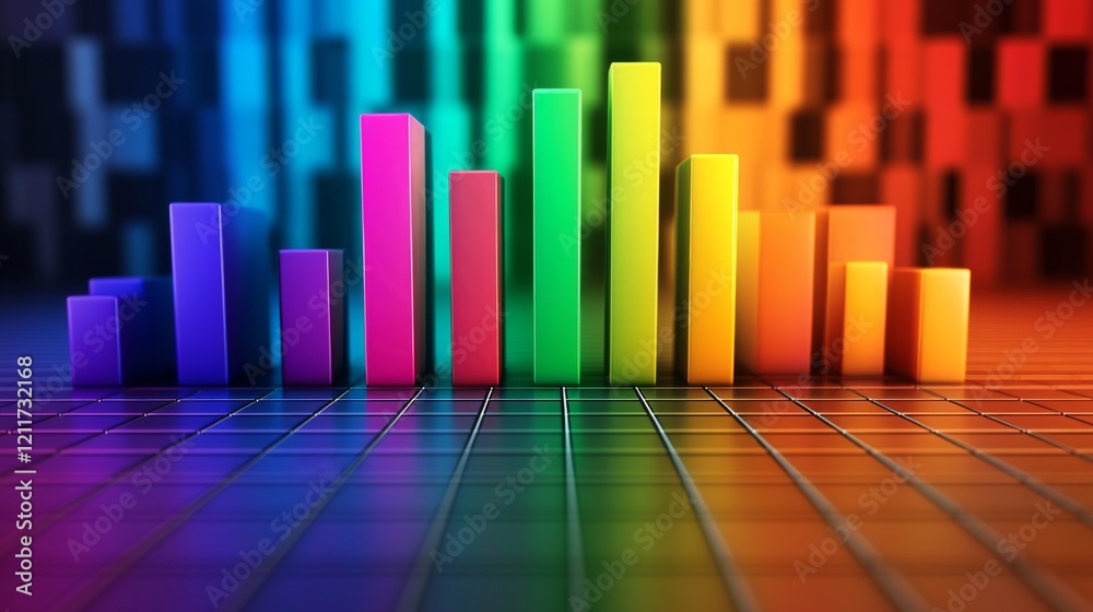 Fototapete Colorful D bars rising from a digital grid floor, with subtle lighting and a gradient background to create a dynamic visual