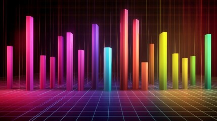 Colorful D bars rising from a digital grid floor, with subtle lighting and a gradient background to create a dynamic visual