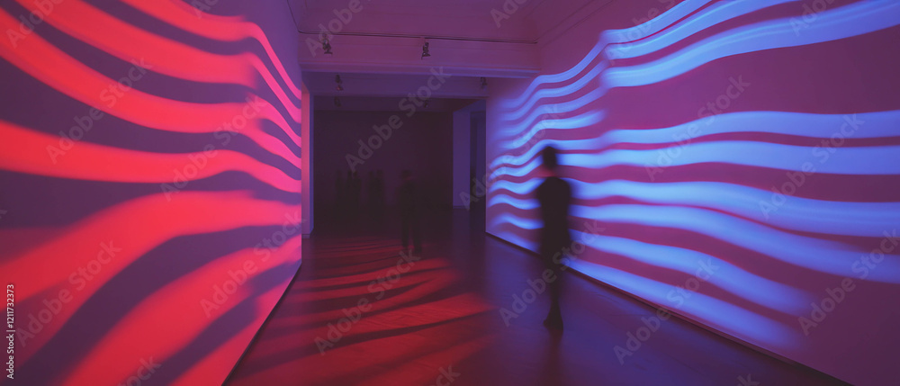 Poster immersive optical art installation with captivating red and blue wave patterns