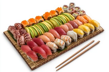 Assorted sushi platter with various fish, avocado, and rice on bamboo mat with chopsticks.