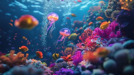 Naklejka premium Vibrant Underwater Paradise: Jellies and Coral Reef