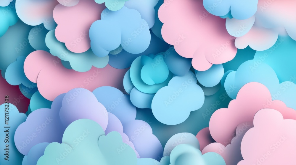 Poster creative abstract graphic featuring layered paper-cut style shapes in pastel tones, creating a d vis