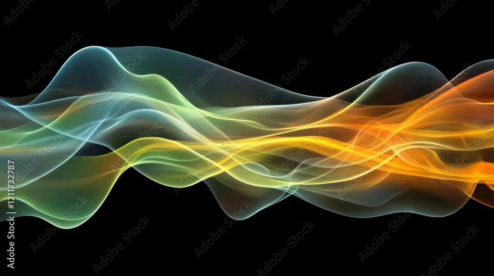 Poster colorful wave patterns with gradient effects, creating fluid, dynamic lines across a black backgroun