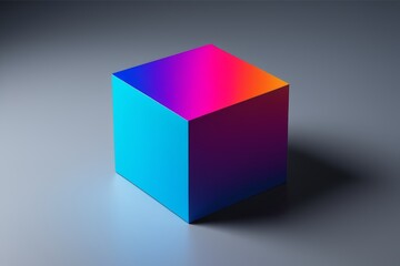 a brightly colored cube on a gray surface with a shadow