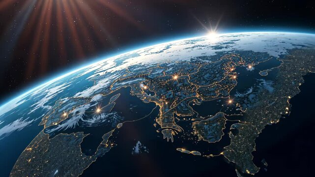 Europe and asia at night with city lights visible from space, planet earth rotating