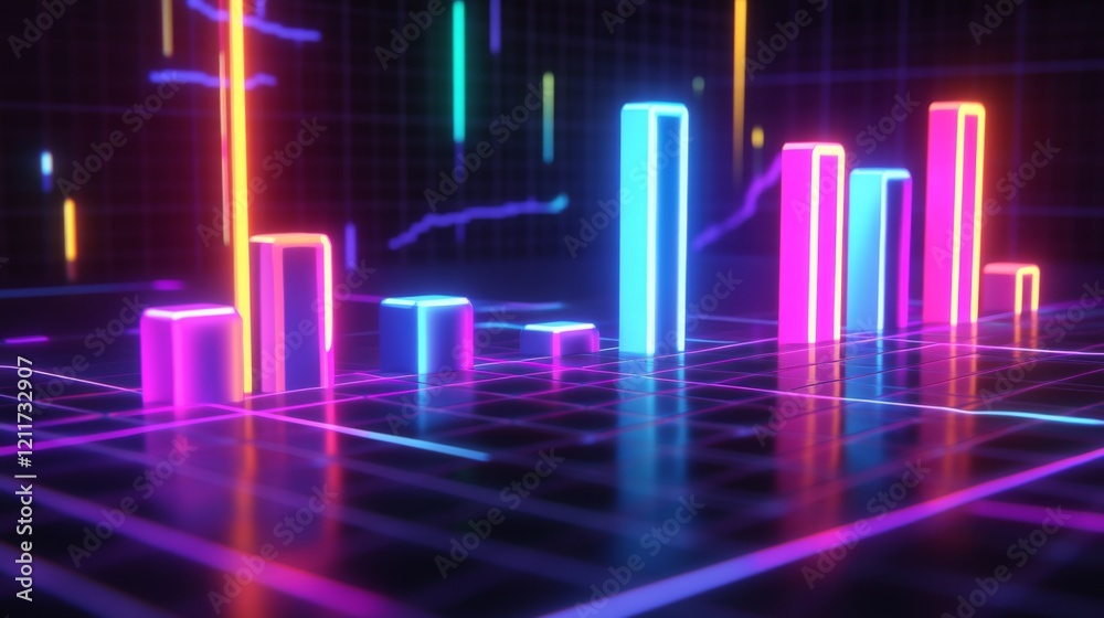 Leinwandbilder dark-themed d bar chart with neon-colored bars and a digital grid base, capturing a futuristic data 