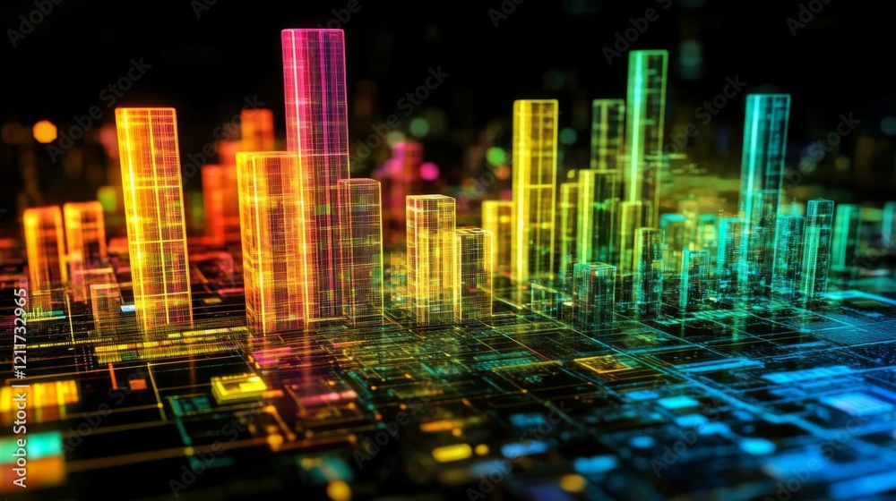 Leinwandbilder dark-themed d bar chart with neon-colored bars and a digital grid base, capturing a futuristic data 