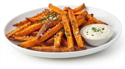 A plate of crispy sweet potato fries with a sprinkle of sea salt and a side of creamy chipotle dipping sauce, Each fry’s caramelized sweetness and crunchy texture captured with precision