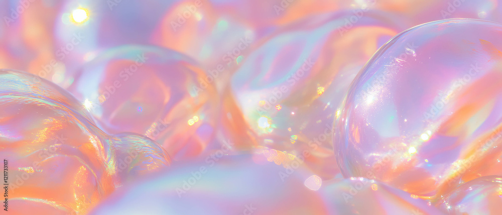 Poster exploring the luminous texture of pearls with gold glitters and iridescent contrast