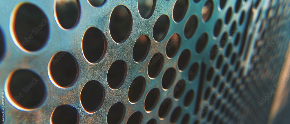 Poster exploring the intricate texture of perforated aluminum highlighting its lightweight structure