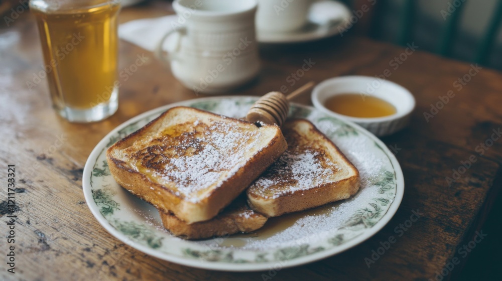 Poster fluffy cinnamon toast dusted with powdered sugar, with a small dish of honey on the side for a warm 