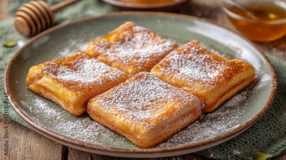 Poster fluffy cinnamon toast dusted with powdered sugar, with a small dish of honey on the side for a warm 