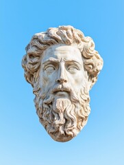 Obraz premium Ancient Marble Bust of Zeus Against Clear Blue Sky