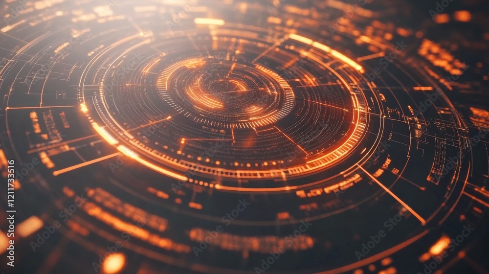 Leinwandbilder futuristic radar-style circular graphic with bright neon lines and rotating elements on a dark tech-