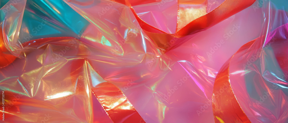 Poster Vibrant plastic ribbons create a shiny, textured visual display of colors and reflections
