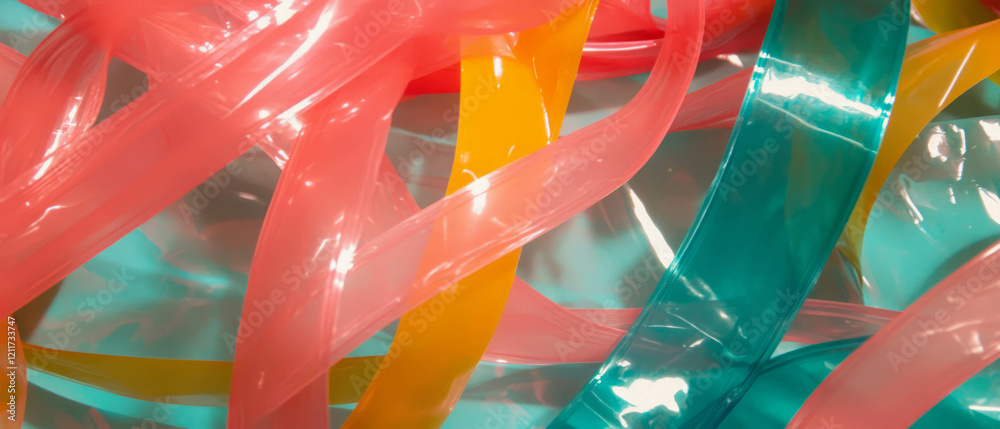 Poster Vibrant plastic ribbons create a colorful abstract texture with shiny surfaces
