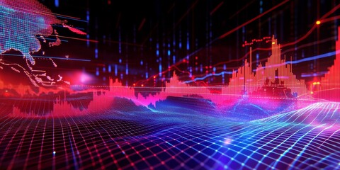 Global financial market data visualized as a 3D landscape with red and blue lines indicating price changes.