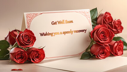 Get well soon card with a heartwarming bouquet of red rose, expressing wish for a speedy recovery.
