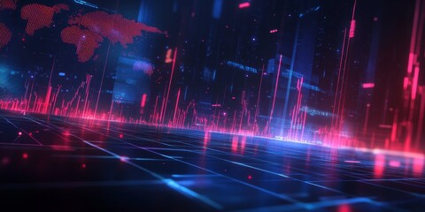 Futuristic digital world map with glowing lines and data streams.