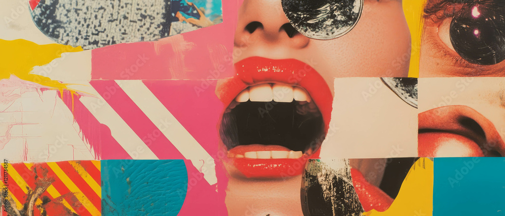 Poster Bold and colorful pop art inspired design featuring expressive mouth and graphic elements