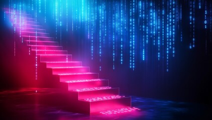 Neon-lit staircase ascending into a digital rain of binary code.