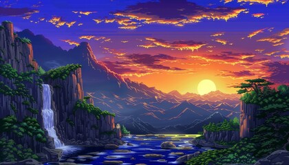 A stunning sunset over a mountain range with a waterfall and a river flowing through the valley.