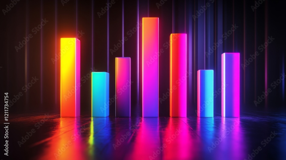 Poster modern d bar chart with neon-colored bars and gradient lighting, set against a dark background for a