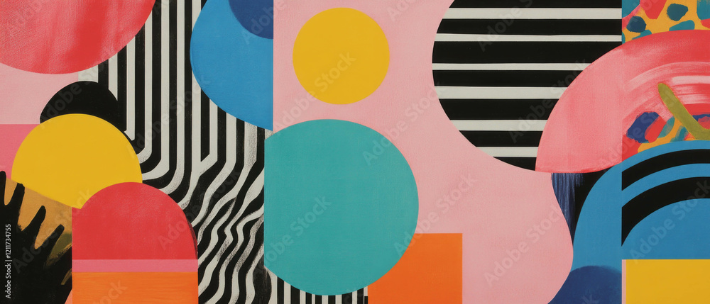 Poster Dynamic interplay of postmodern patterns and bright geometric shapes in vivid colors