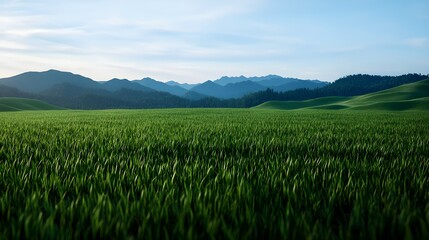 Lush Green Fields Under Clear Blue Sky with Majestic Mountains