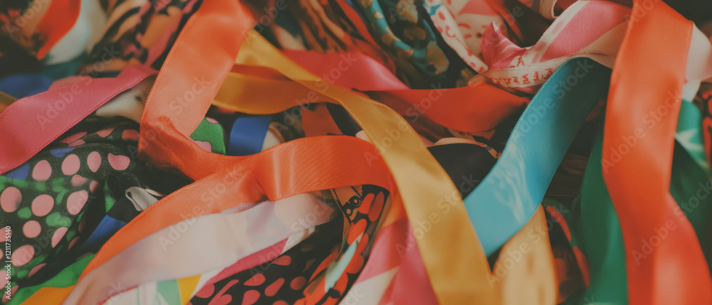 Poster Vibrant printed ribbons with diverse patterns and colors ideal for crafts and decorations