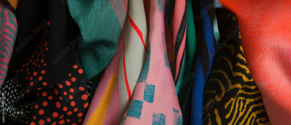 Poster Colorful printed ribbons with diverse patterns and textures display vibrant artistry