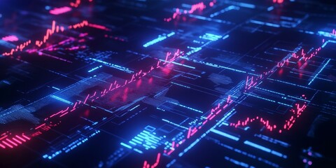 Abstract digital data flow with glowing pink and blue lines and graphs on a dark background.